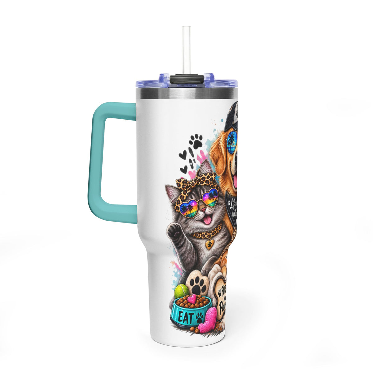 40oz Vacuum Tumbler — "Life is Better with Pets" Colorful Dog & Cat Travel Mug