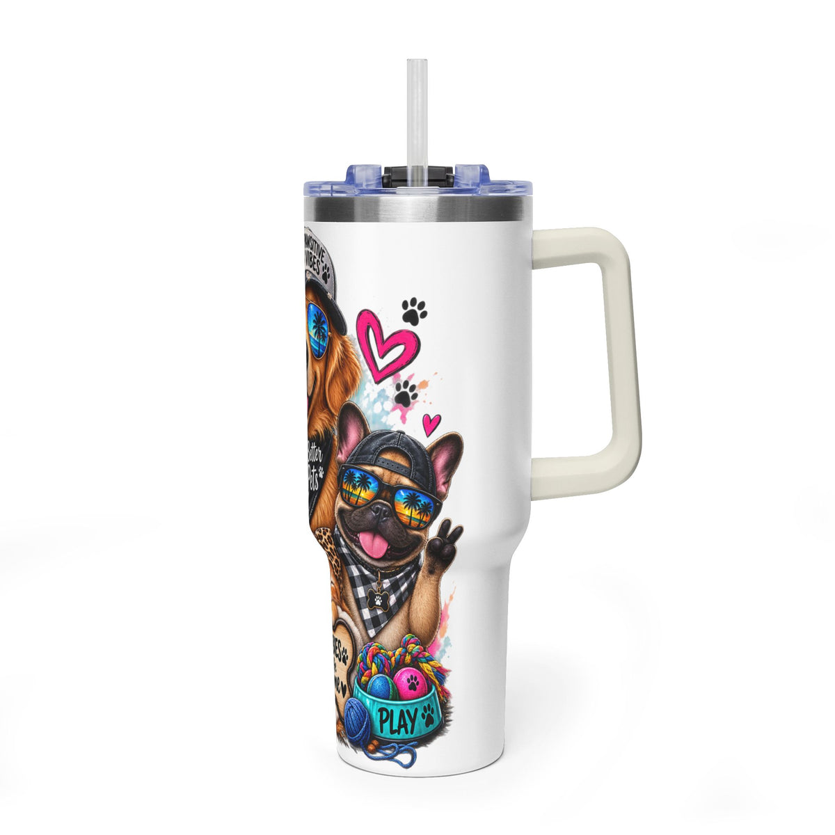 40oz Vacuum Tumbler — "Life is Better with Pets" Colorful Dog & Cat Travel Mug