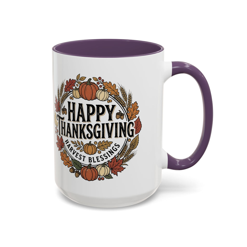 Happy Thanksgiving Accent Coffee Mug — "Harvest Blessings" Fall Pumpkin Wreath (11/15 oz)