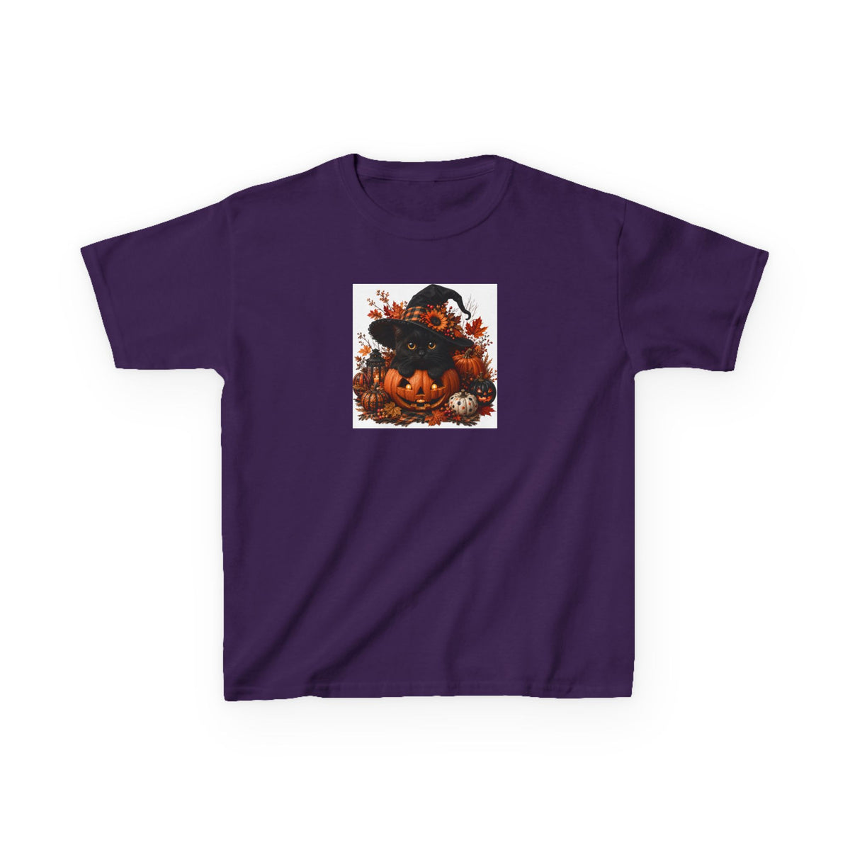 Kids Tee — Halloween Black Cat with Witch Hat & Pumpkins
