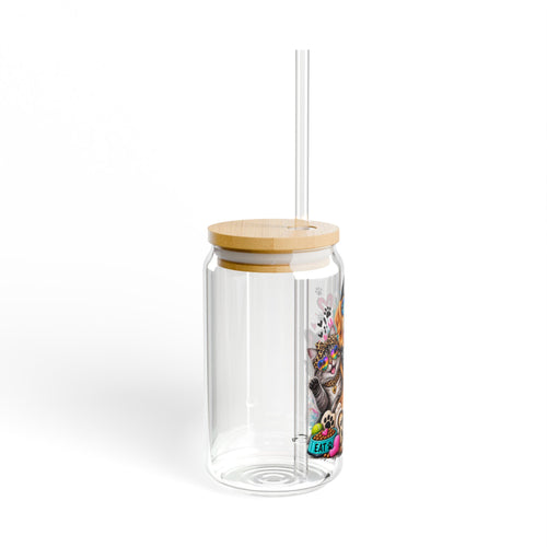 16oz Sipper Glass – Colorful Pet Portraits (Dog & Cat) with 'Love My Pets' Artwork