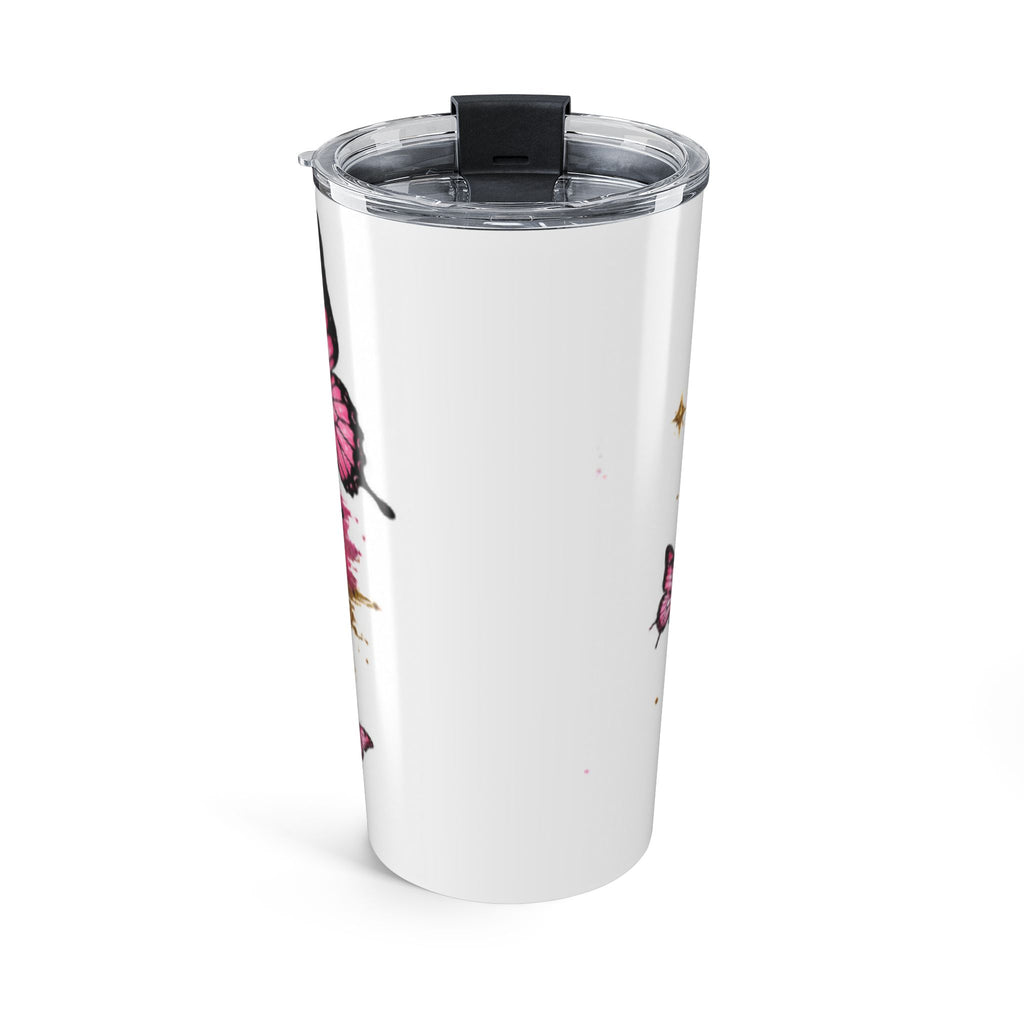 20oz insulated tumbler with clear lid, white body, pink butterfly and crown-style print