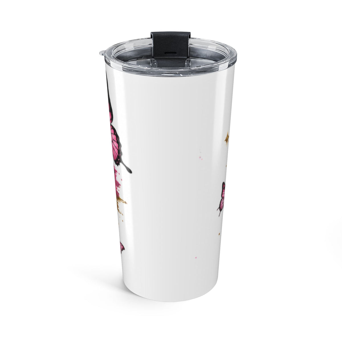 20oz insulated tumbler with clear lid, white body, pink butterfly and crown-style print