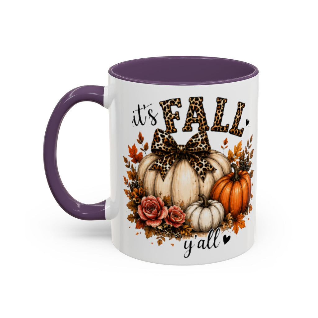 Purple accent white coffee mug with “it’s FALL y’all” pumpkin floral graphic