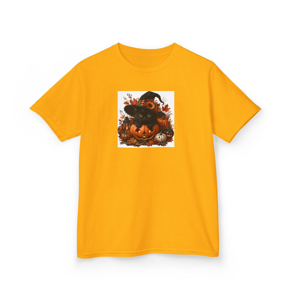 Kids Tee — Halloween Black Cat with Witch Hat & Pumpkins