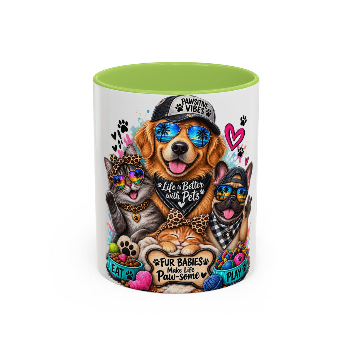 Coffee Mug — "Life is Better with Pets" Colorful Dog & Cat Paw-some Design (11/15 oz)