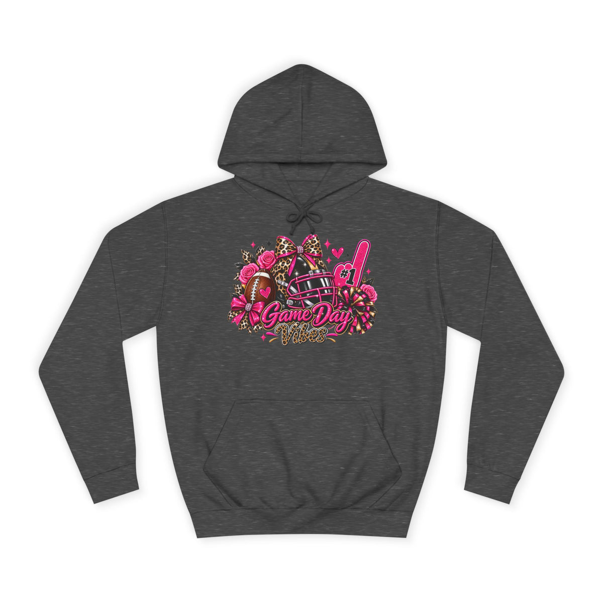 Game Day Cheer Hoodie — Pink Football Floral Design by Printify, dark gray pullover hoodie with pink game day cheer graphic, football, pom-poms, and floral accents