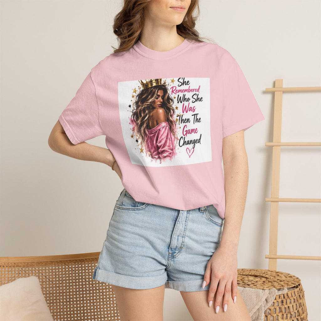 T-Shirt — 'She Remembered Who She Was' Empowerment Tee (Woman Portrait, Inspirational Quote)
