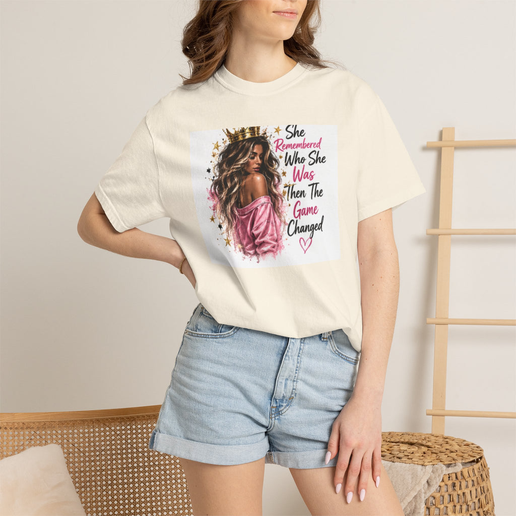 T-Shirt — 'She Remembered Who She Was' Empowerment Tee (Woman Portrait, Inspirational Quote)