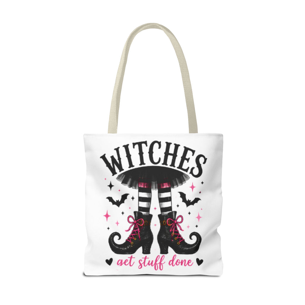 White canvas tote bag front view with witch legs, 'WITCHES' and 'get stuff done'