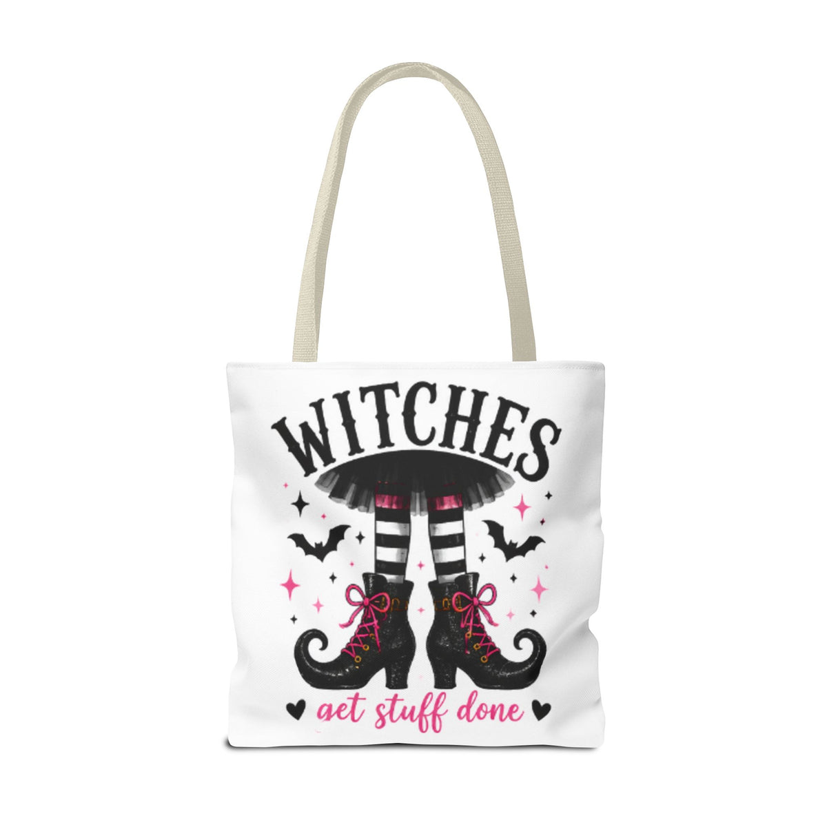 White canvas tote bag front view with witch legs, 'WITCHES' and 'get stuff done'