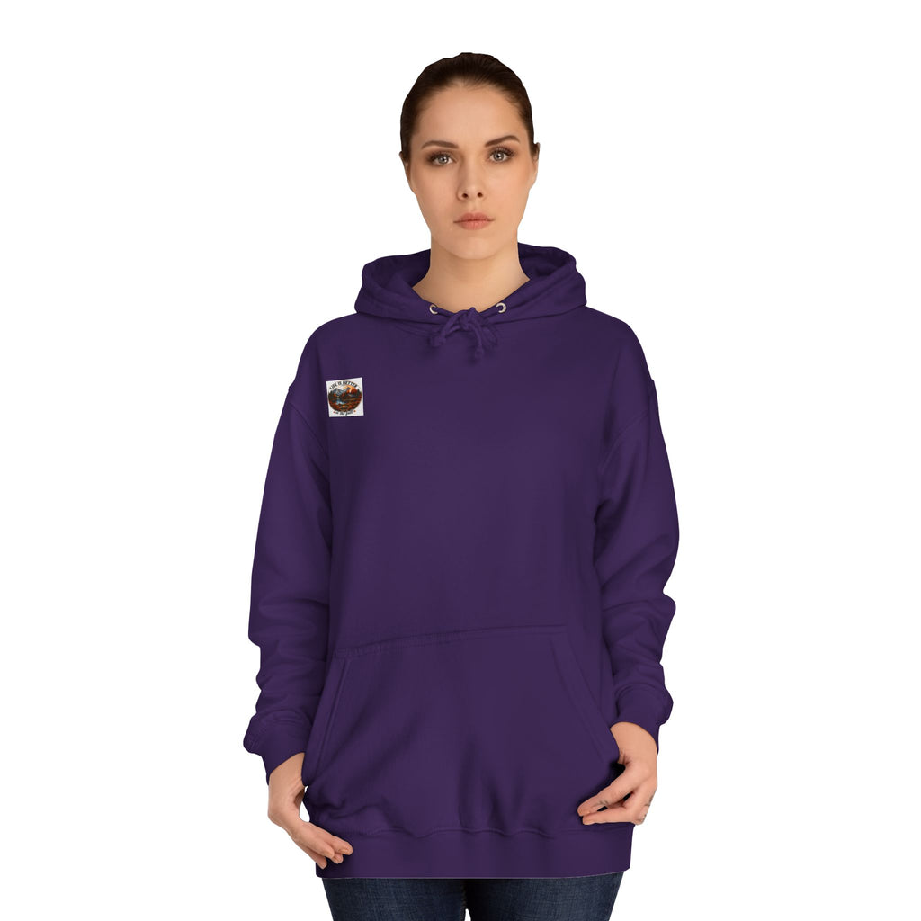 Purple pullover hoodie with hood and kangaroo pocket; small chest patch.