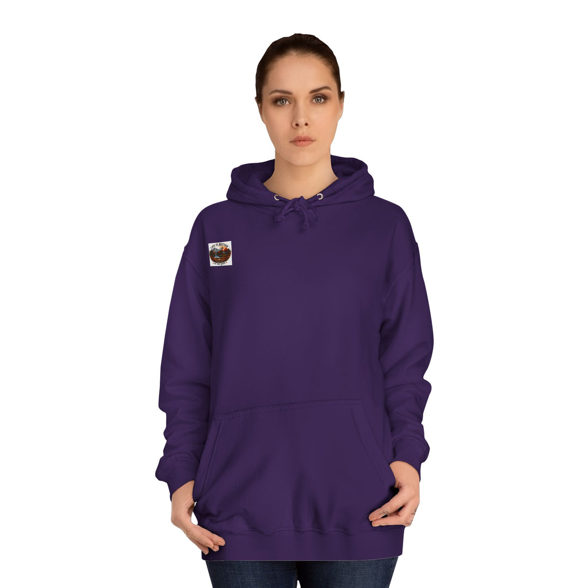 Purple pullover hoodie with hood and kangaroo pocket; small chest patch.