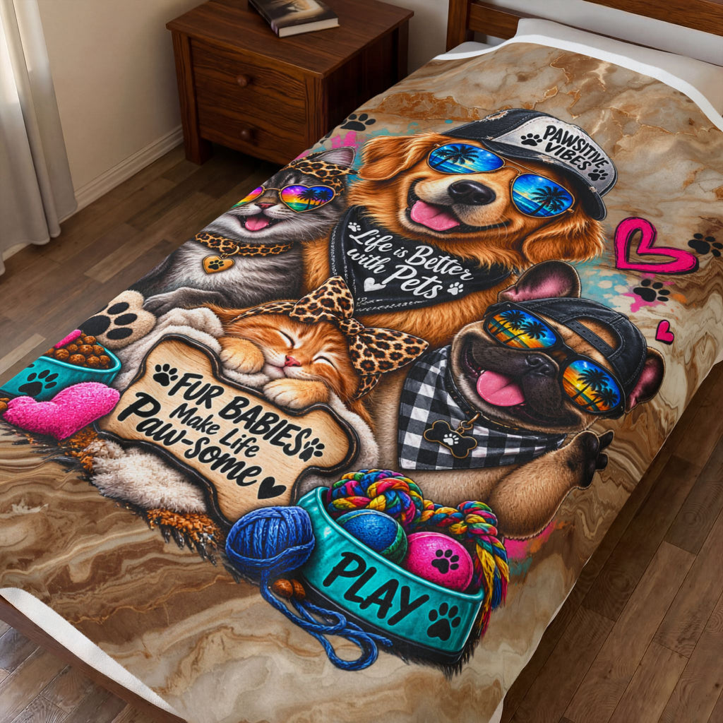 Velveteen Plush Blanket — "Life Is Better with Pets" Cute Dog & Cat Paw-Some Throw