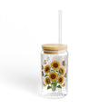 Sunflower & Butterfly Sipper Glass - 16oz Clear Tumbler with Bamboo Lid & Straw
