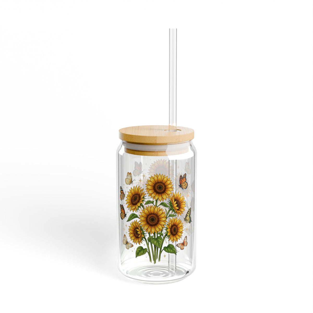 Sunflower & Butterfly Sipper Glass - 16oz Clear Tumbler with Bamboo Lid & Straw