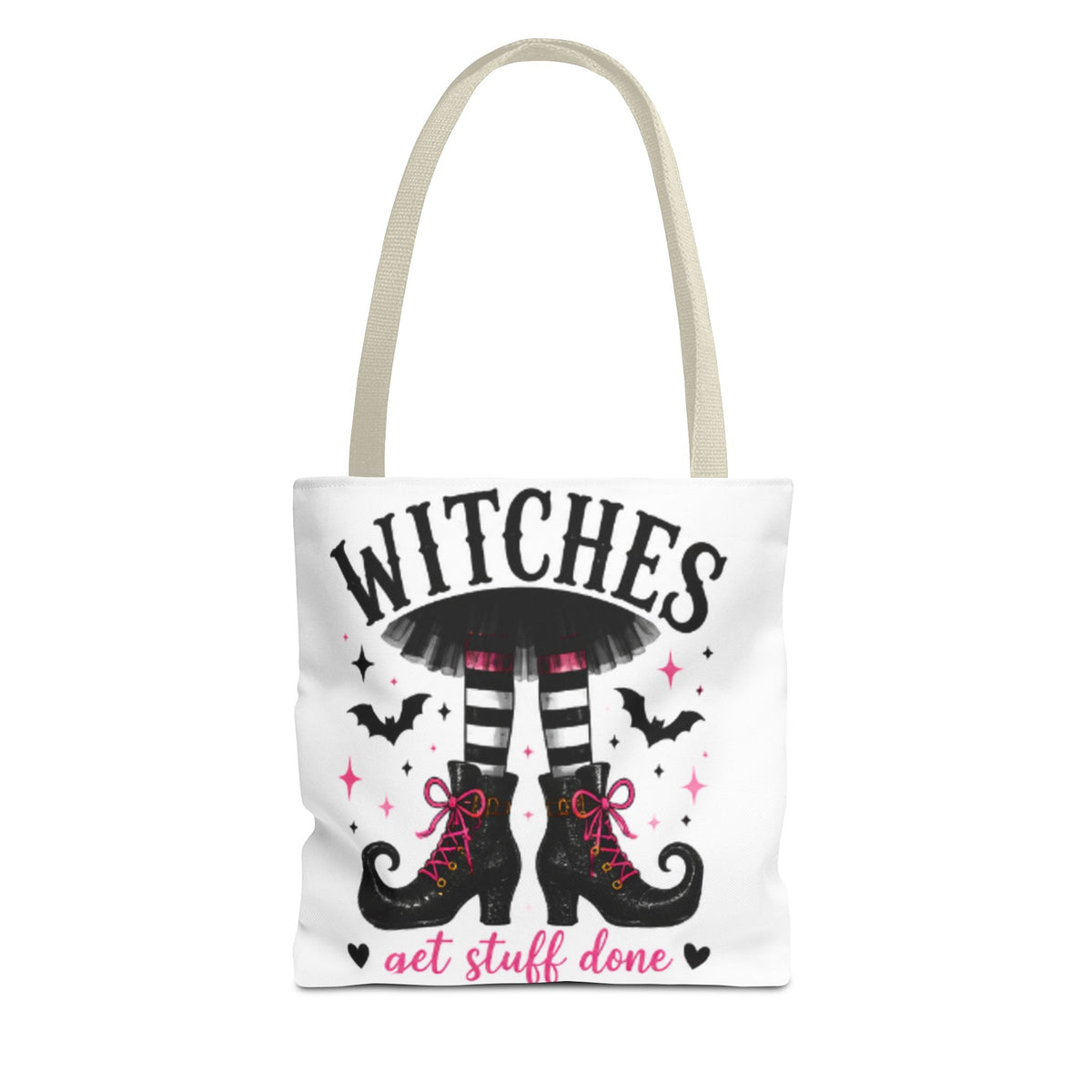 White tote bag with light gray handles, witches graphic and "get stuff done" lettering