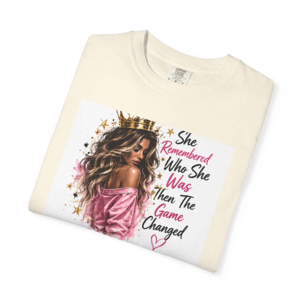 T-Shirt — 'She Remembered Who She Was' Empowerment Tee (Woman Portrait, Inspirational Quote)