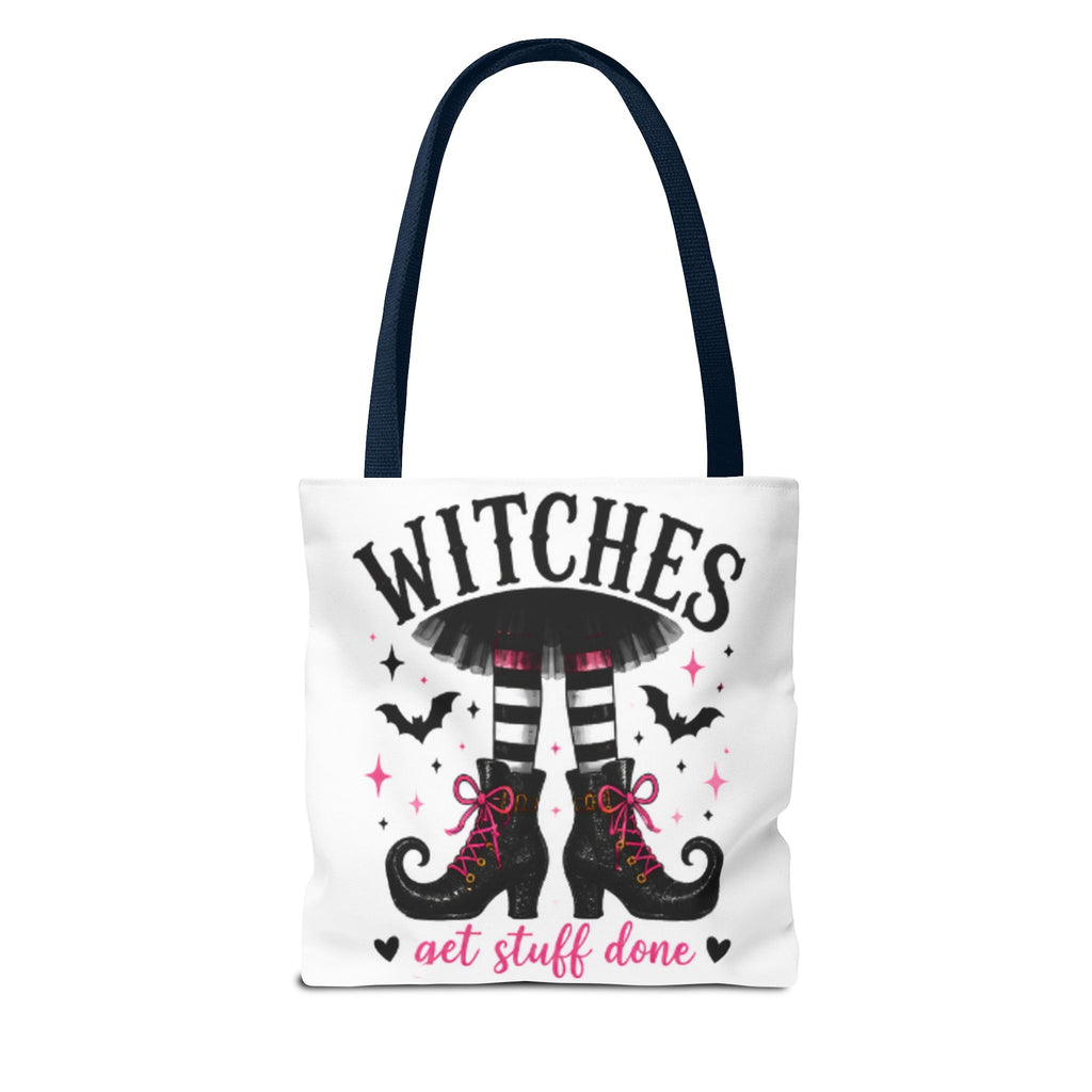 White tote bag with witch boots under “WITCHES” headline and “get stuff done” text