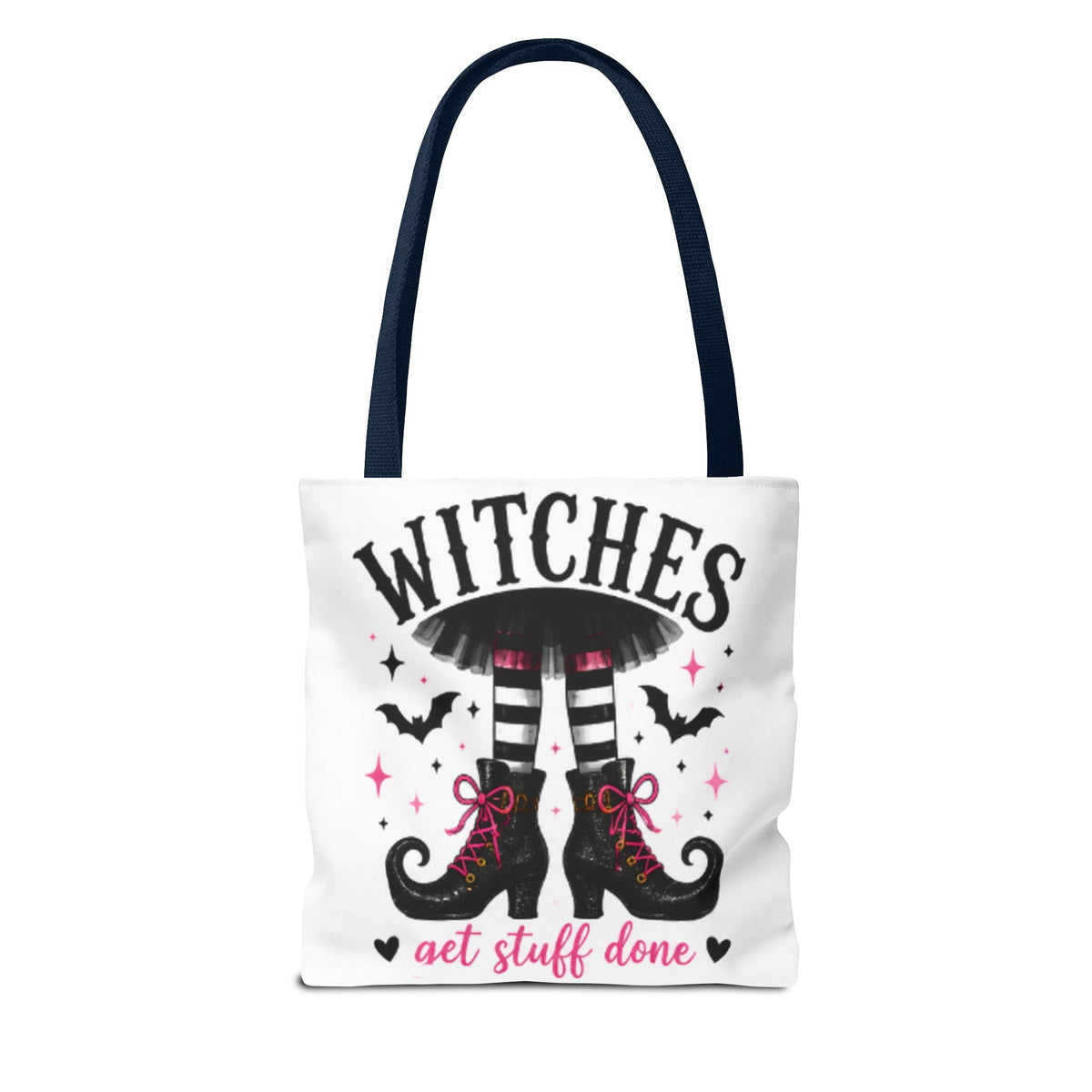 White tote bag with witch boots under “WITCHES” headline and “get stuff done” text