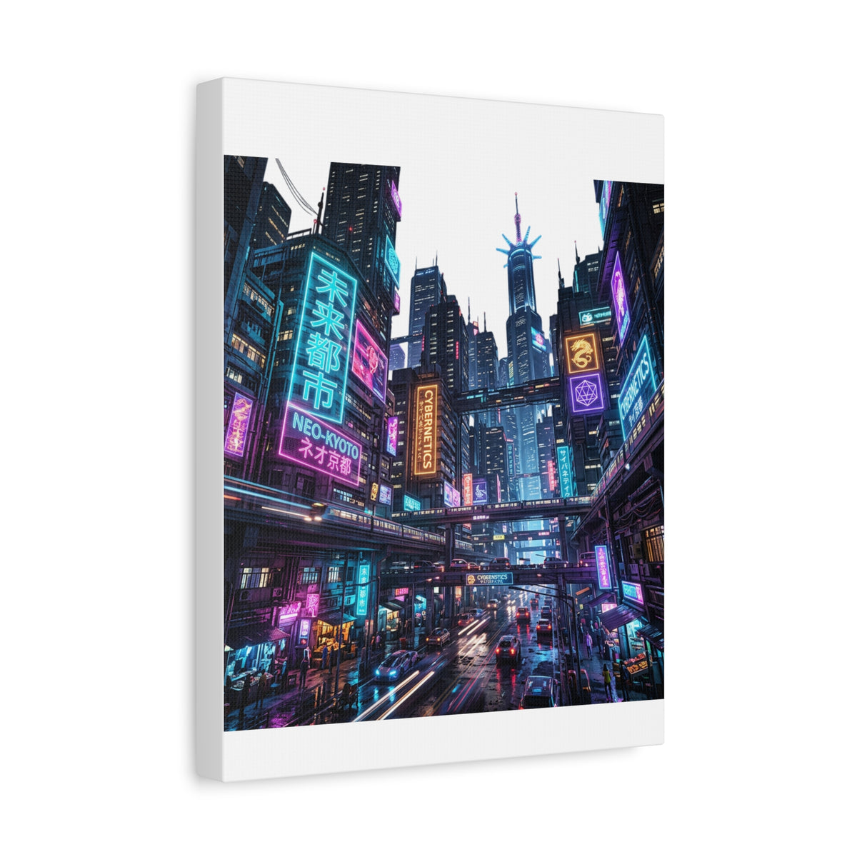 Neo-Kyoto Cyberpunk City Matte Canvas Print