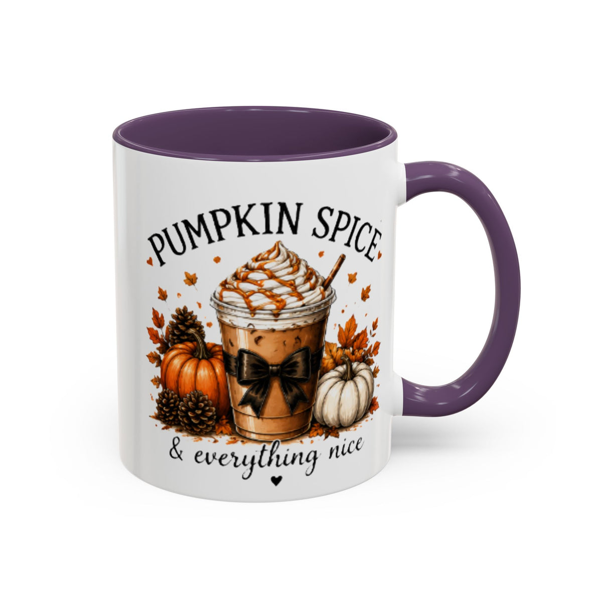 Purple accent coffee mug with pumpkin spice coffee graphic and “everything nice” text