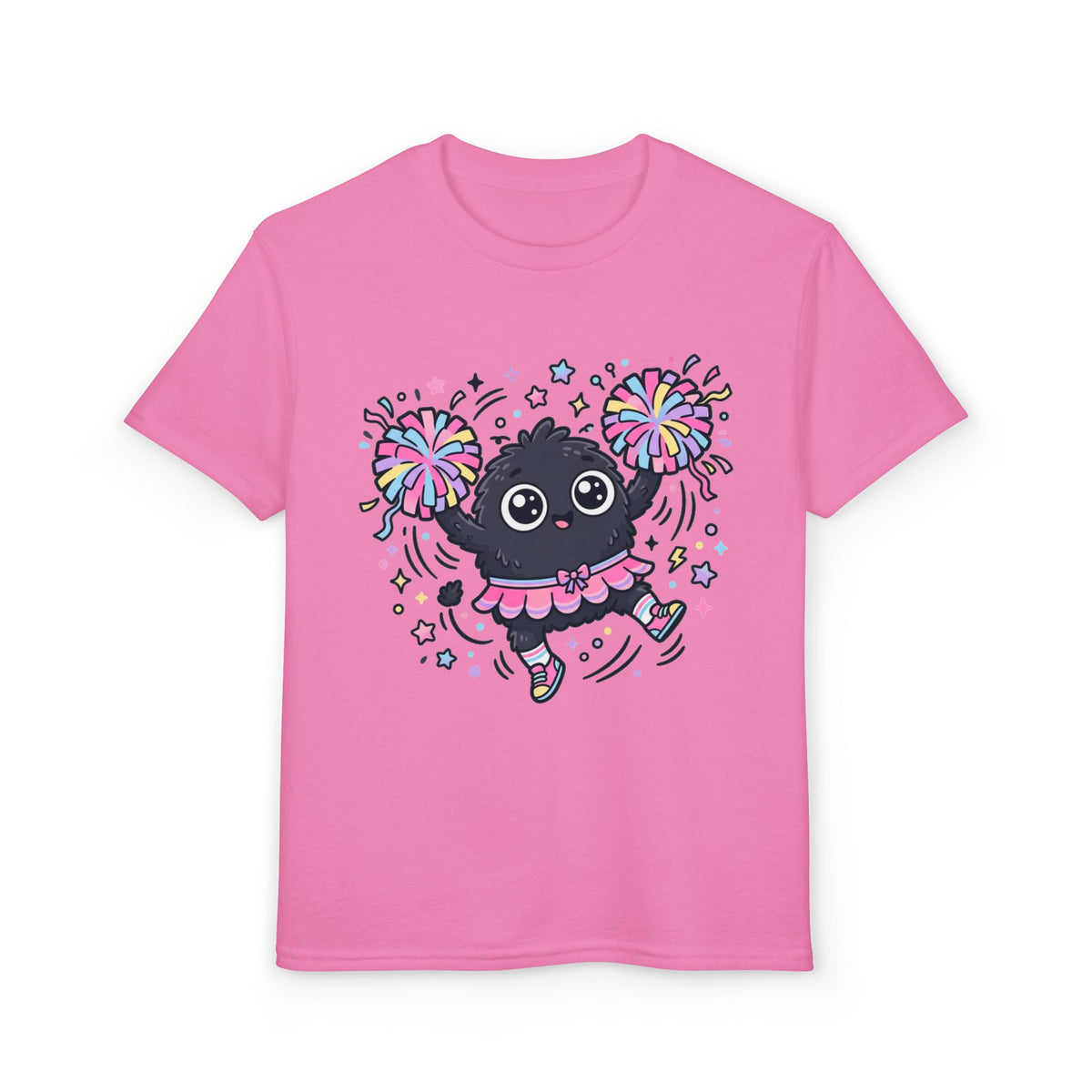Cute Black Kitty Cheerleader Youth T-Shirt — Pom-Pom Dancing Cat Tee