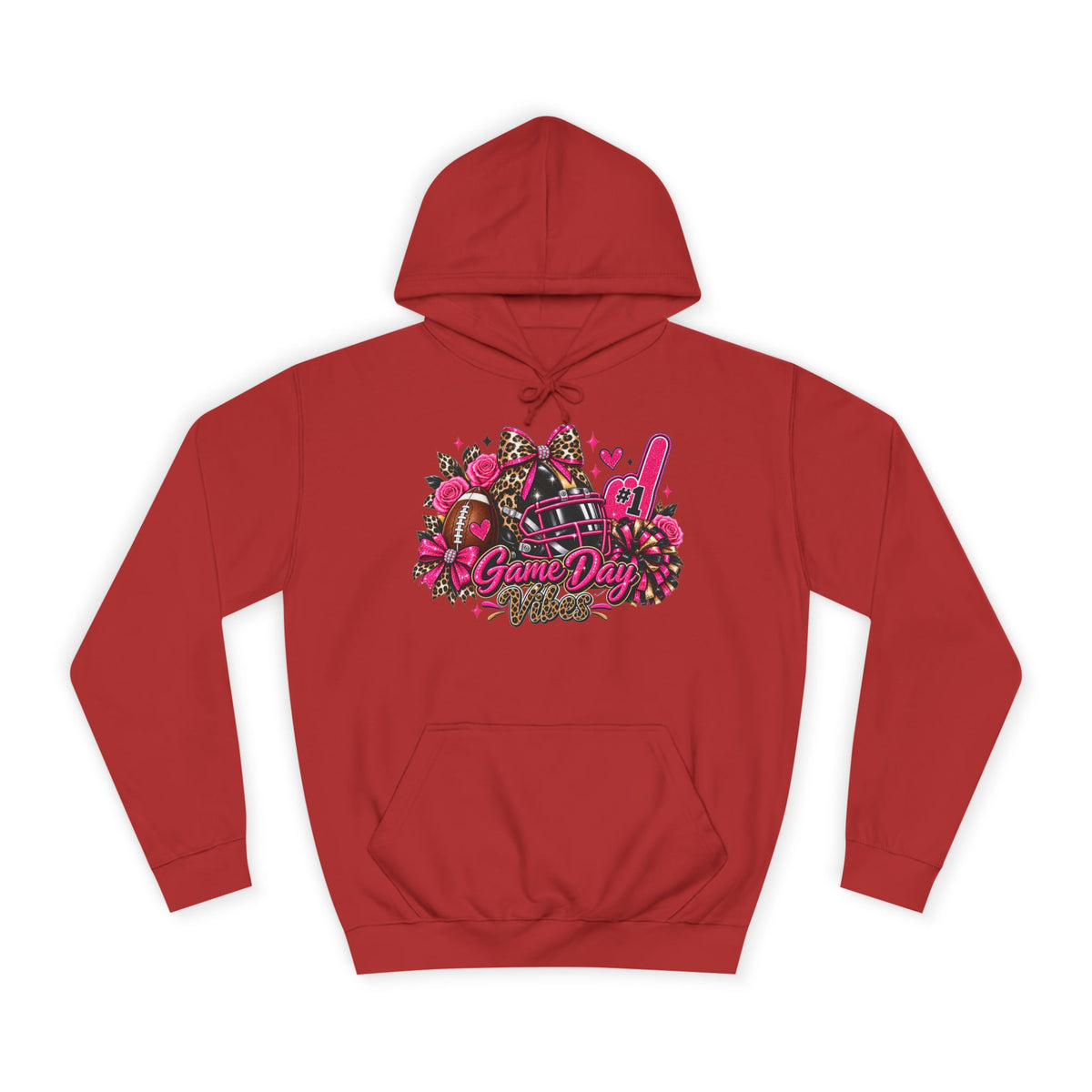 Game Day Cheer Hoodie — Pink Football Floral Design by Printify, red hoodie with colorful football, pom-poms, and cheer graphic on the front