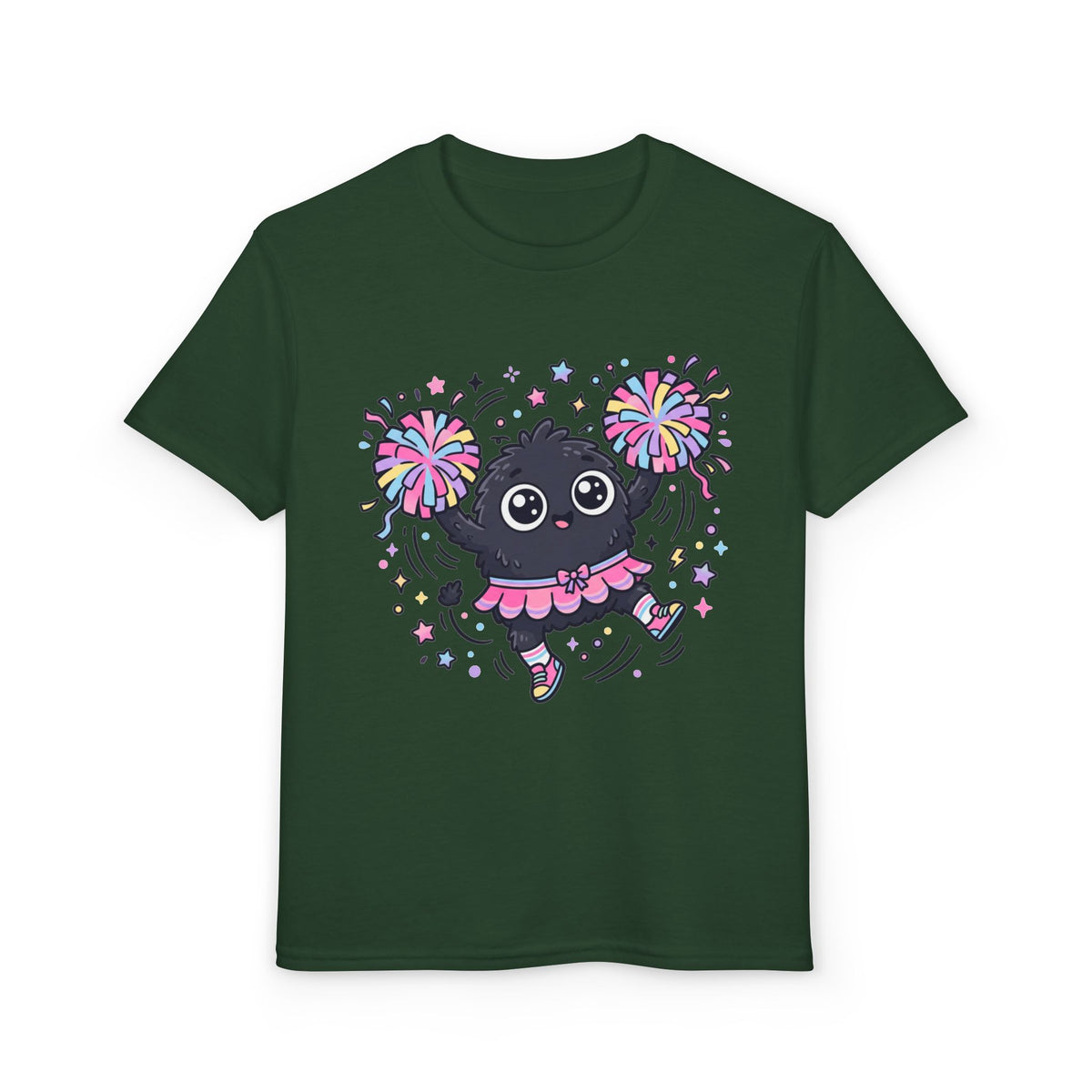 Cute Black Kitty Cheerleader Youth T-Shirt — Pom-Pom Dancing Cat Tee