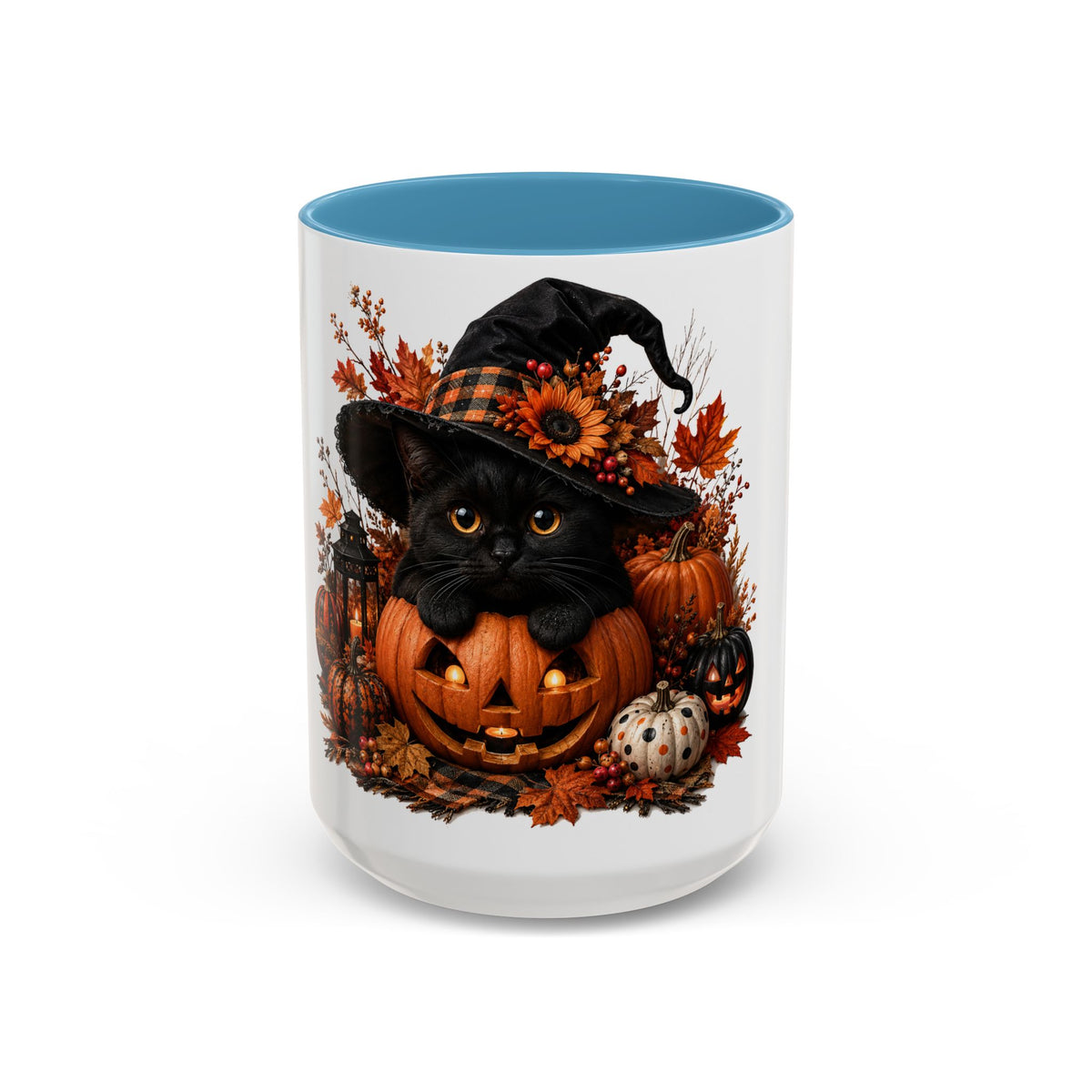 Halloween Black Cat Pumpkin Coffee Mug – Autumn Witch Hat Accent Mug (11/15oz)