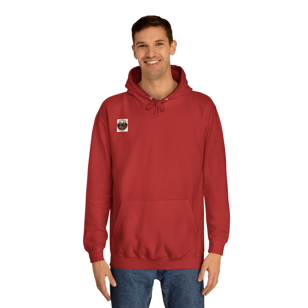 Burgundy pullover hoodie with drawstring hood, front pouch pocket, small chest patch