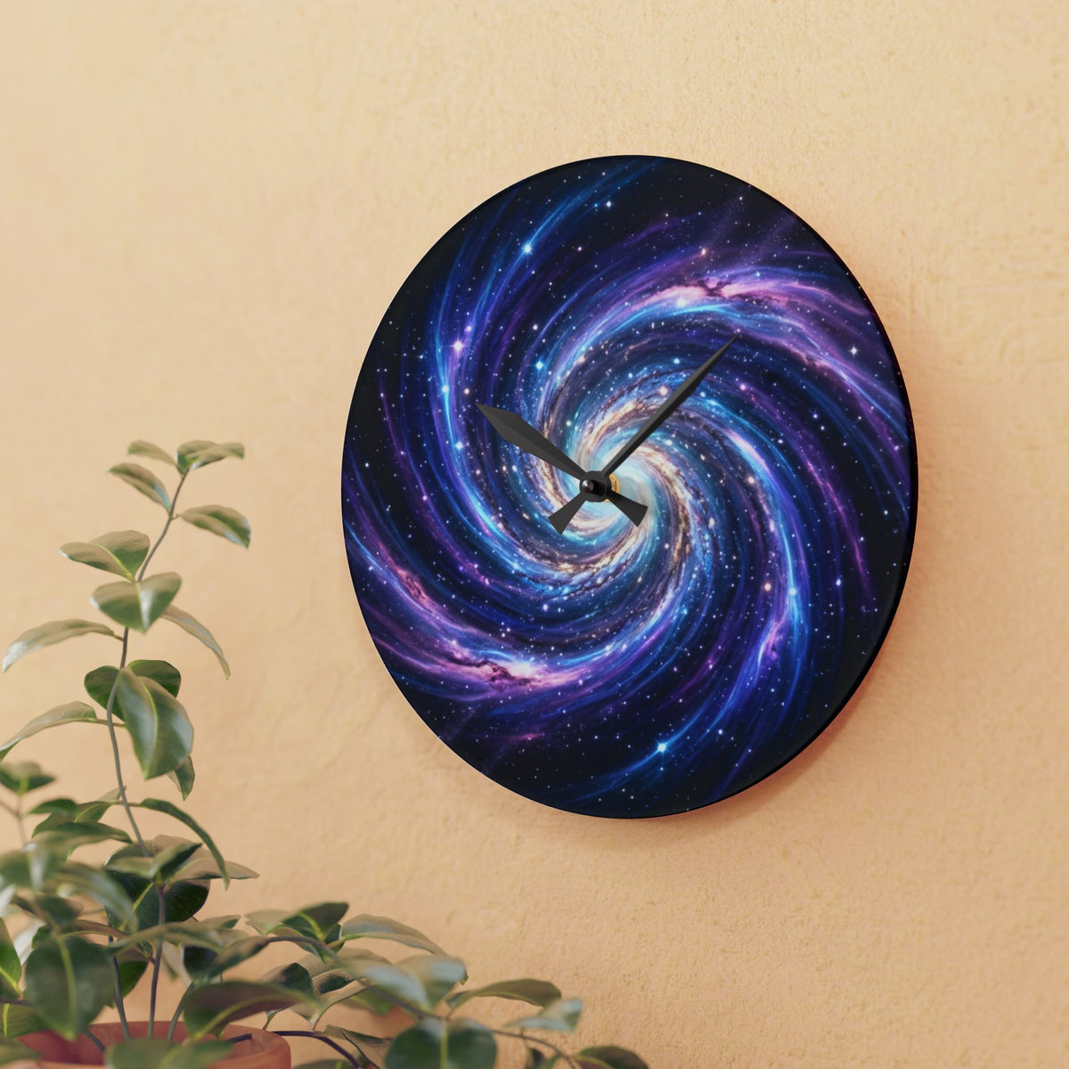 Galaxy Swirl Acrylic Wall Clock — Cosmic Space Spiral Home Decor