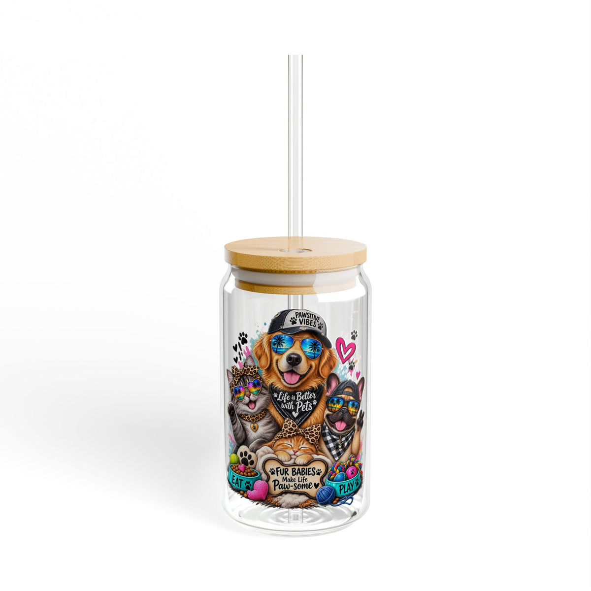16oz Sipper Glass – Colorful Pet Portraits (Dog & Cat) with 'Love My Pets' Artwork