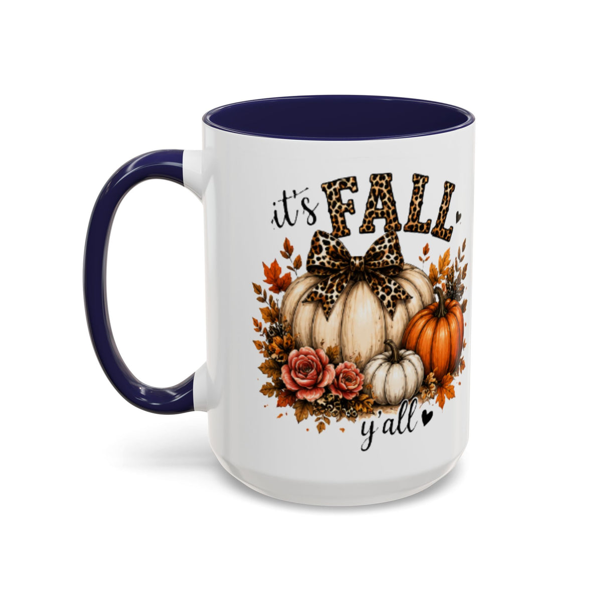 Navy and white coffee mug with “it’s FALL y’all” pumpkin, roses, and leaf bouquet graphic