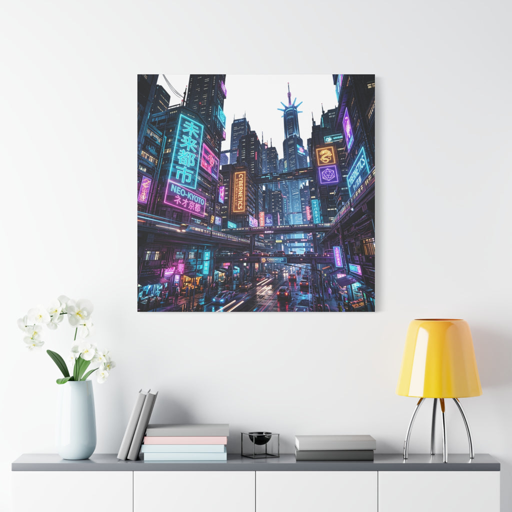 Neo-Kyoto Cyberpunk City Matte Canvas Print