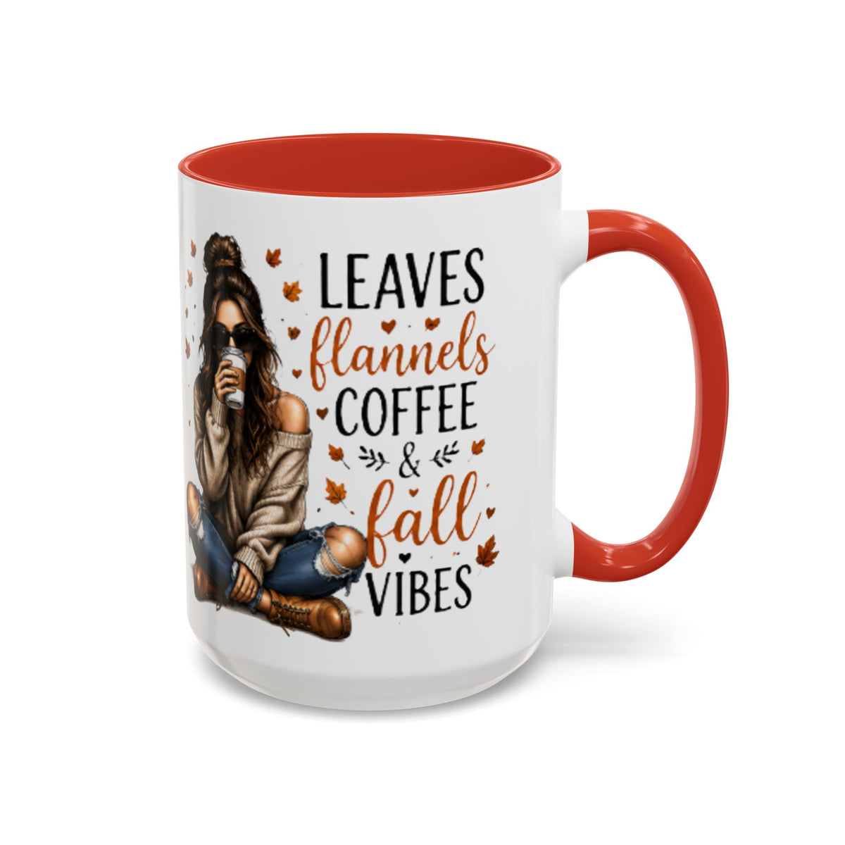Orange and white autumn coffee mug with “Leaves flannels coffee & fall vibes” text and figure