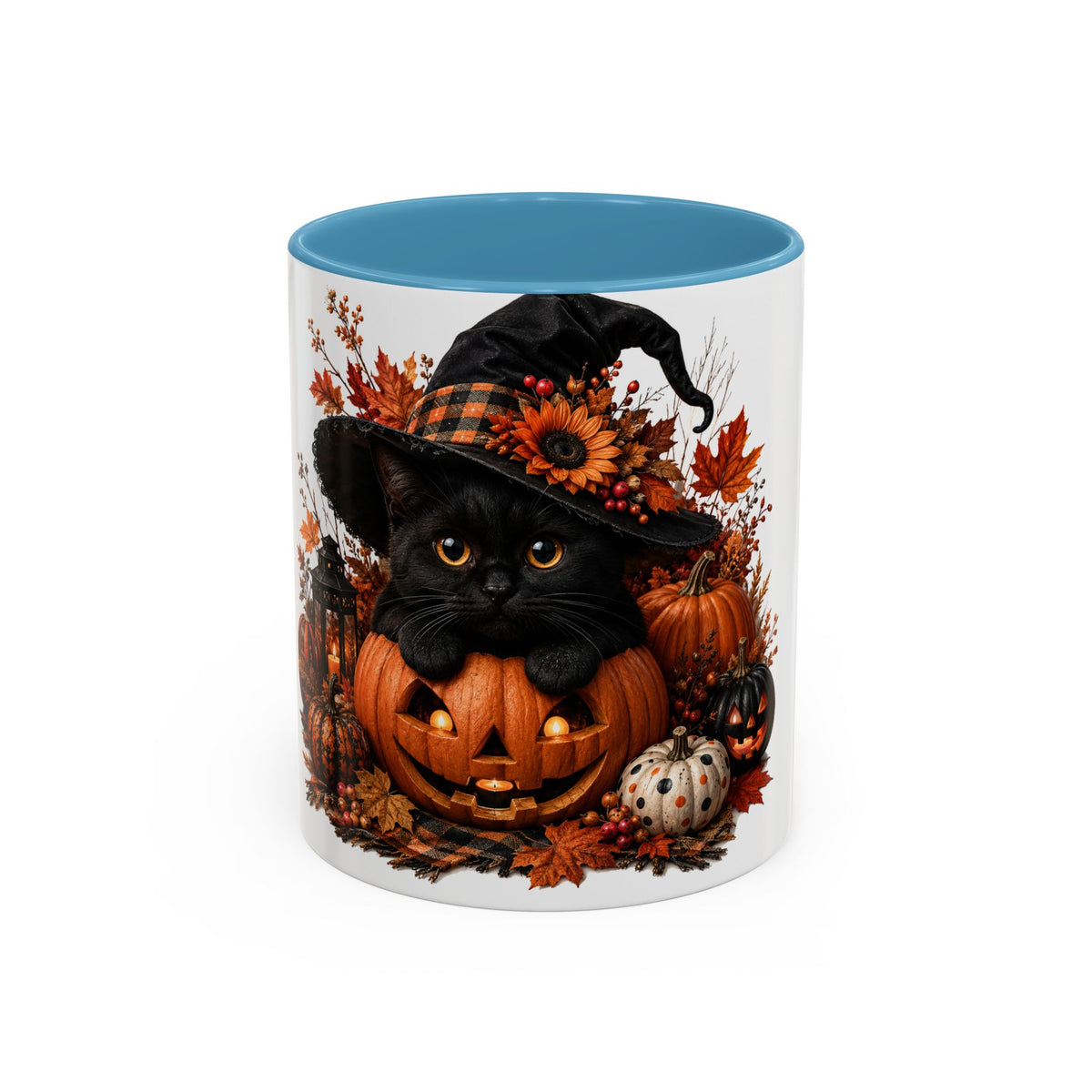 Halloween Black Cat Pumpkin Coffee Mug – Autumn Witch Hat Accent Mug (11/15oz)