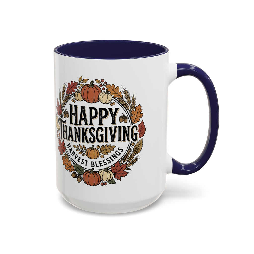 Happy Thanksgiving Accent Coffee Mug — "Harvest Blessings" Fall Pumpkin Wreath (11/15 oz)