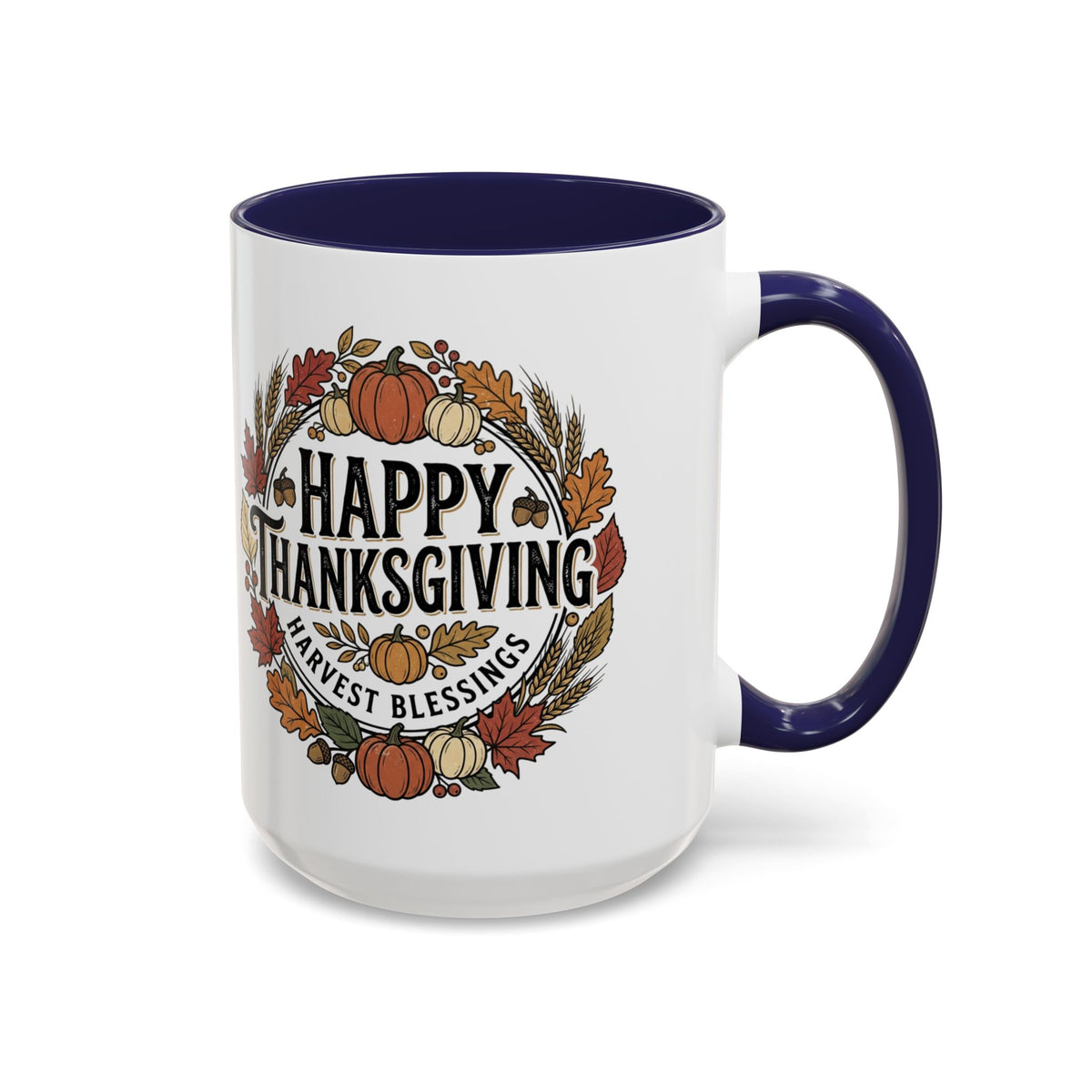 Happy Thanksgiving Accent Coffee Mug — "Harvest Blessings" Fall Pumpkin Wreath (11/15 oz)