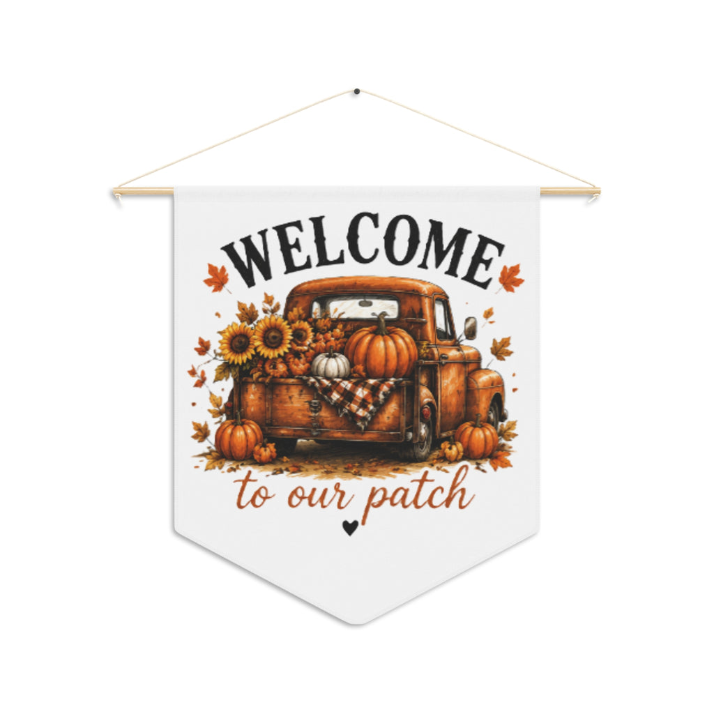 Fall welcome pennant banner with truck, pumpkins, sunflowers, and "to our patch" text
