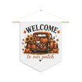 Fall welcome pennant banner with truck, pumpkins, sunflowers, and "to our patch" text