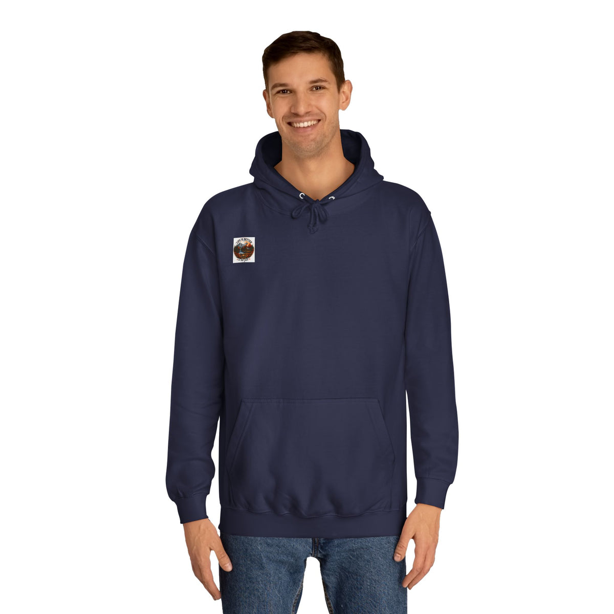 Navy pullover hoodie with hood and kangaroo pocket; small chest patch.