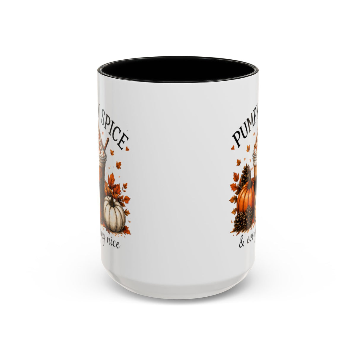 White pumpkin spice coffee mug with black interior and fall pumpkin graphic with partial text