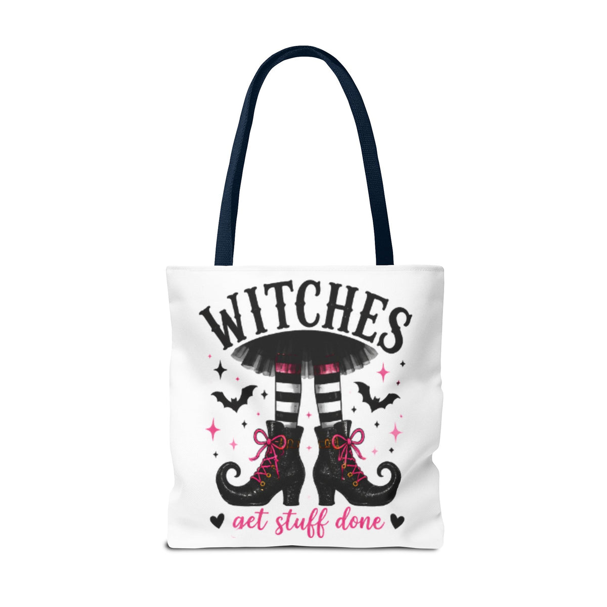 White tote bag front view with navy handles, “WITCHES” text, and witch boots print