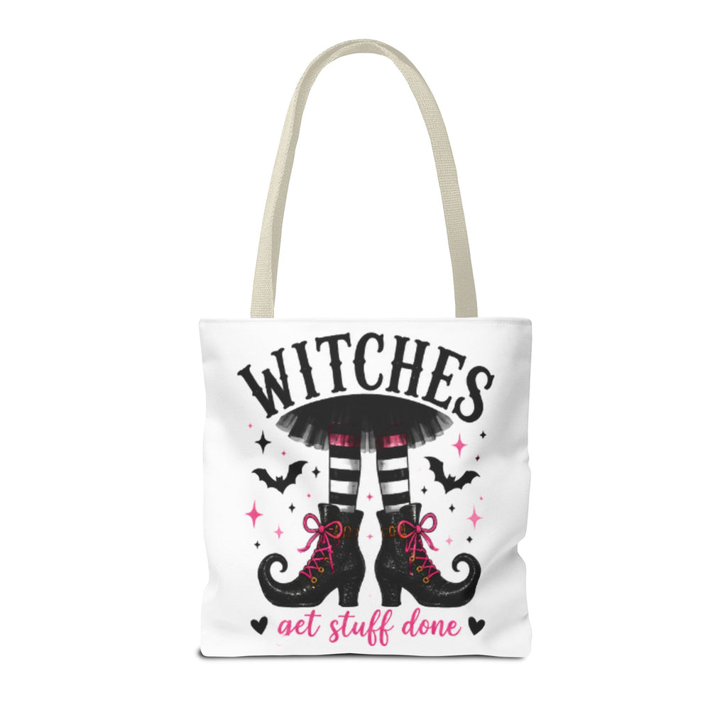 Cream canvas tote bag front view with witch legs, 'WITCHES' headline, and stars