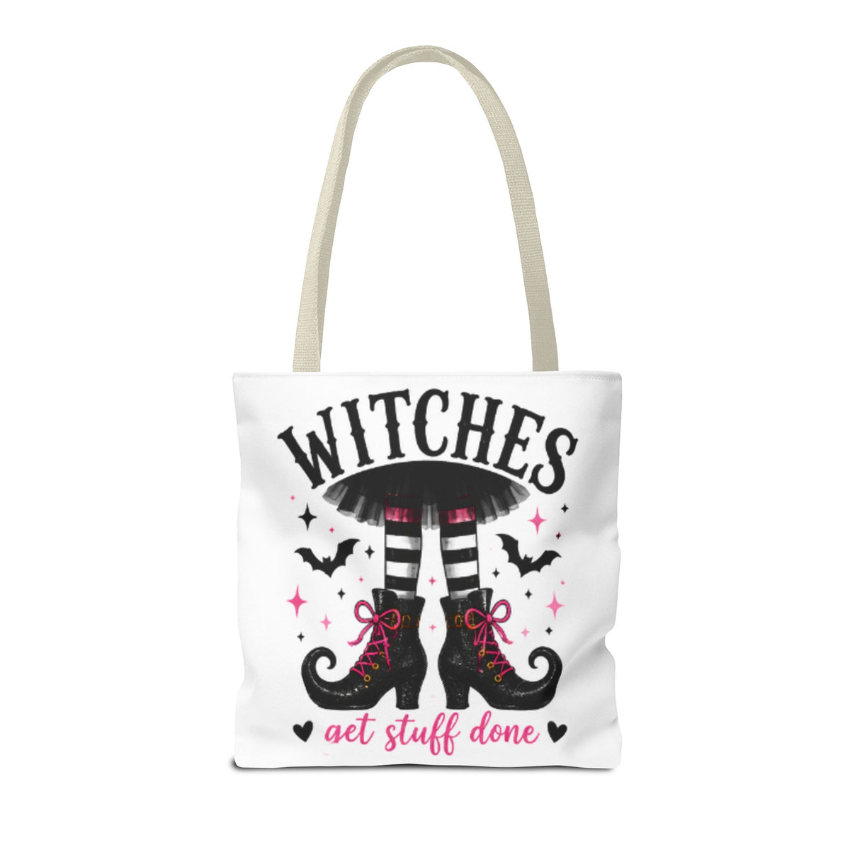 Cream canvas tote bag front view with witch legs, 'WITCHES' headline, and stars