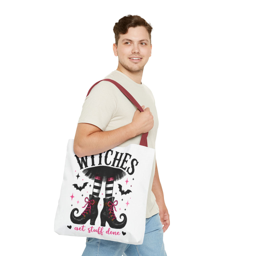 White tote bag with maroon handles, 'WITCHES' boots graphic and bats illustration