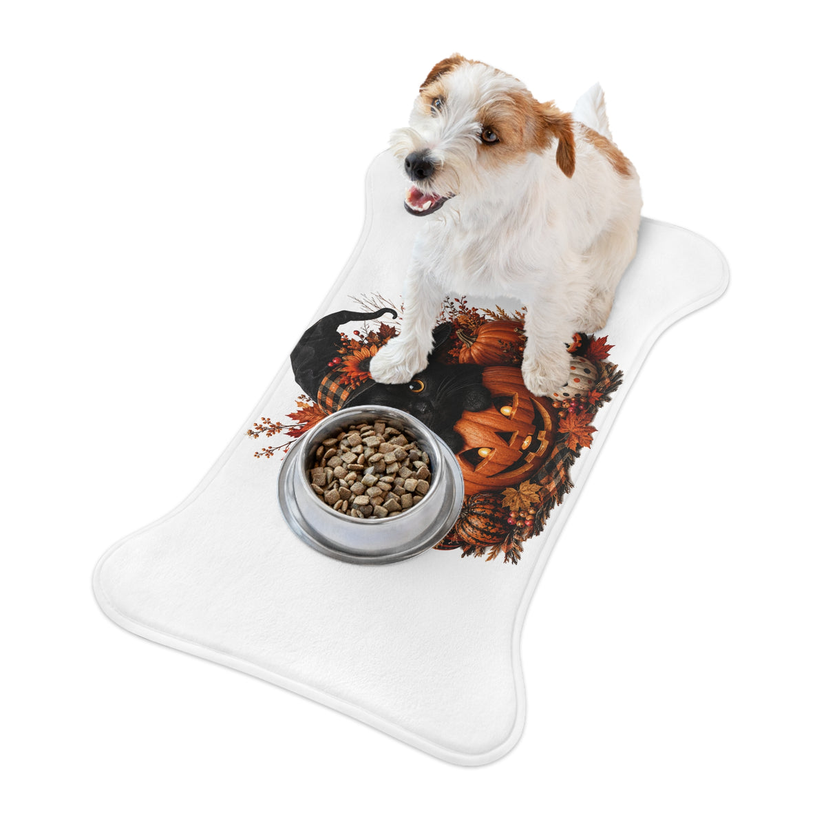 Halloween Cat Pet Feeding Mat – Black Kitten in Witch Hat Pumpkin Design