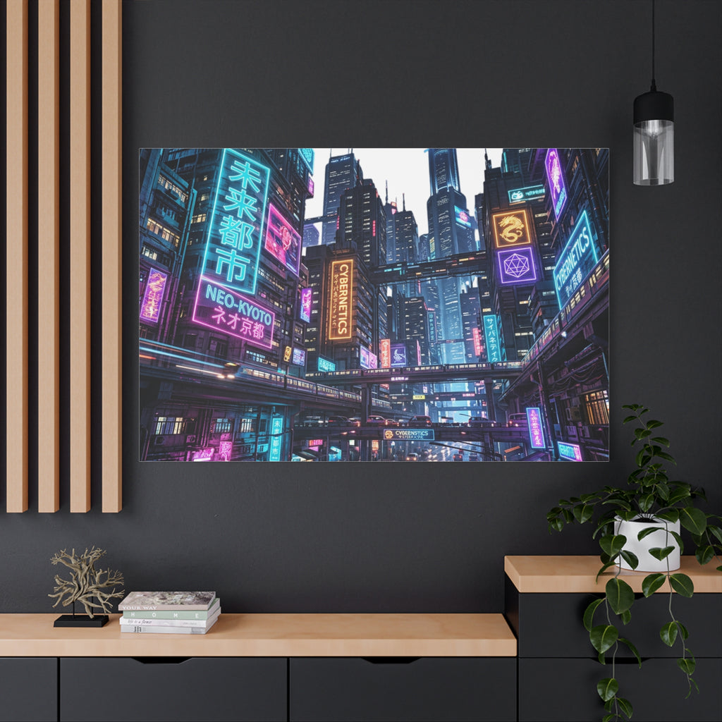 Neo-Kyoto Cyberpunk City Matte Canvas Print