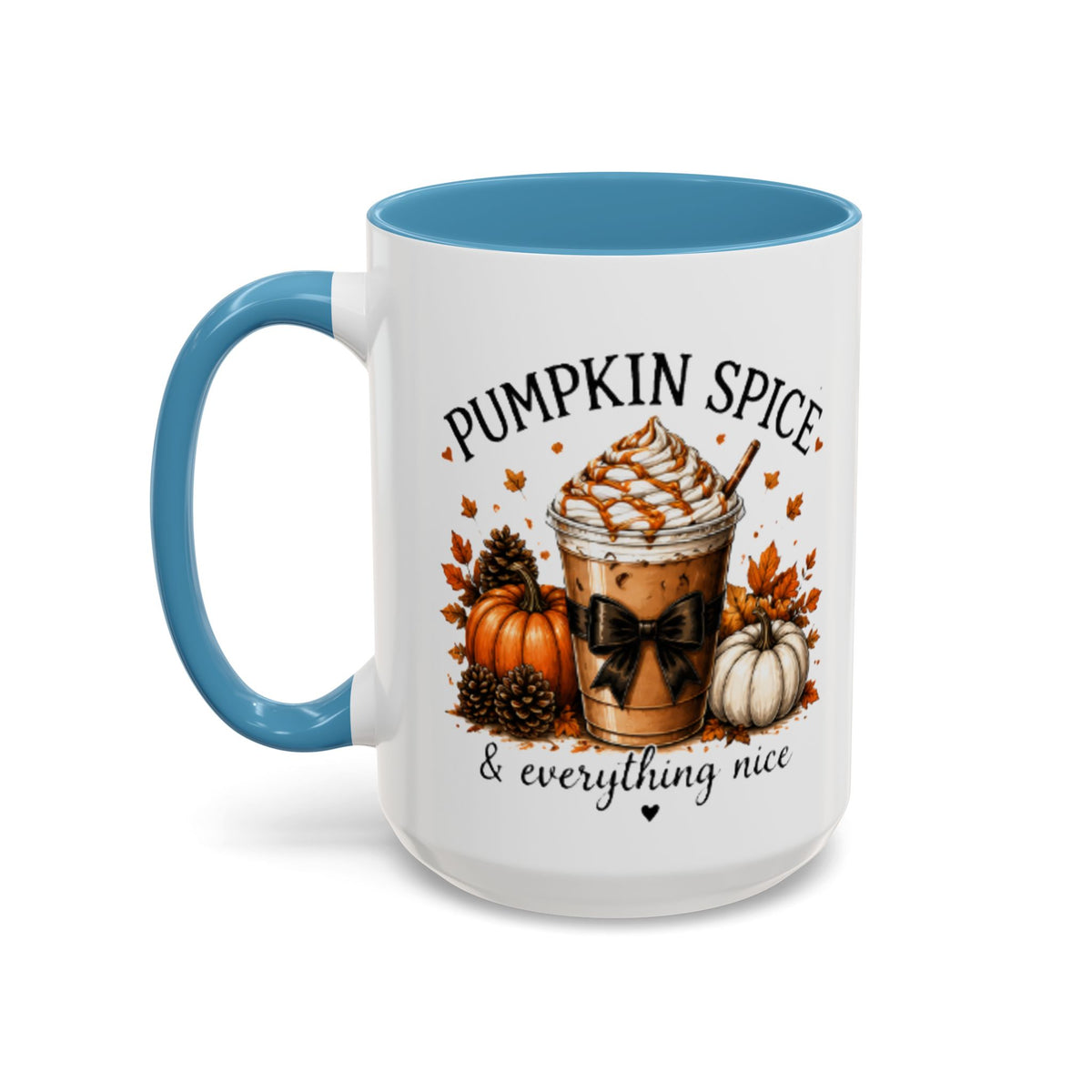 White coffee mug with light blue handle and Pumpkin Spice text over pumpkin-themed art.